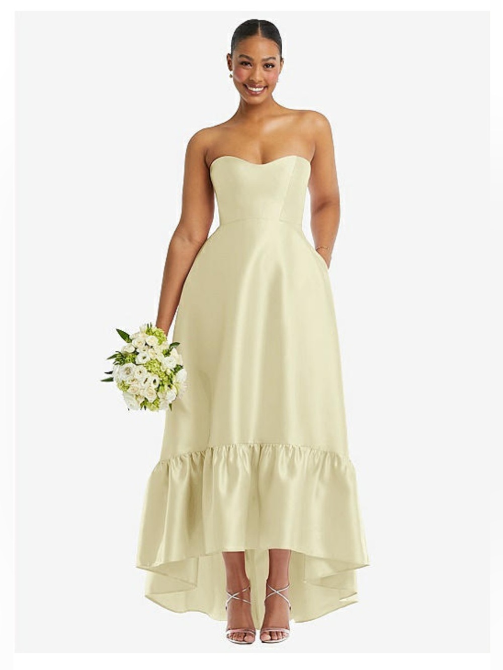 ALFRED SUNG Strapless Sweetheart High-Low Ruffle Hem Dress in butter Yellow-NWT